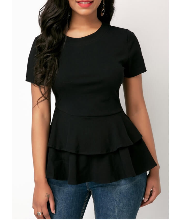 Ruffle Hem Black Short Sleeve Blouse